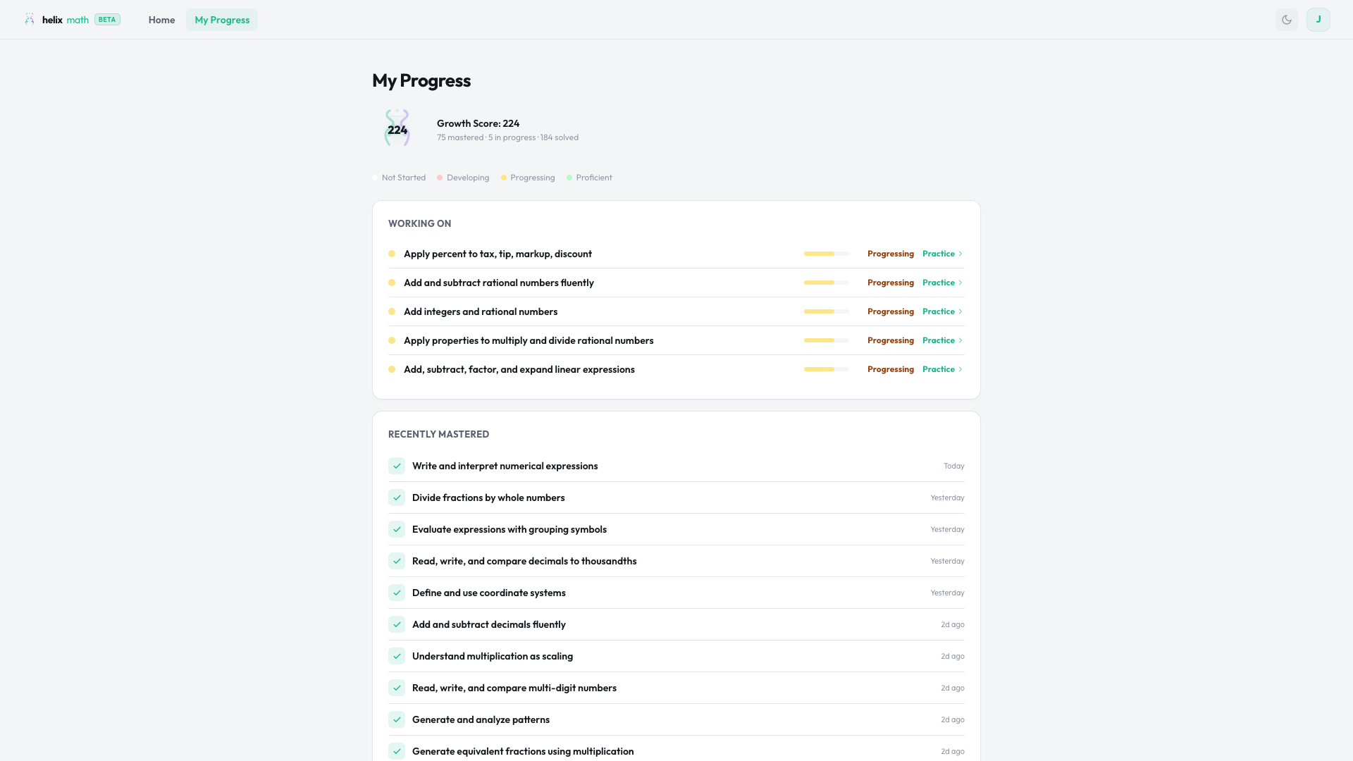 A prerequisite skill tree from the Helix platform showing how individual math skills connect and build on one another across grades.